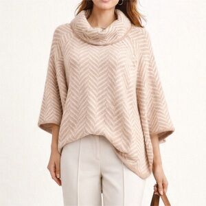 LOFT | Beige Cream Herringbone Cowl Neck Poncho Sweater Relaxed Fit Knit Top M/L